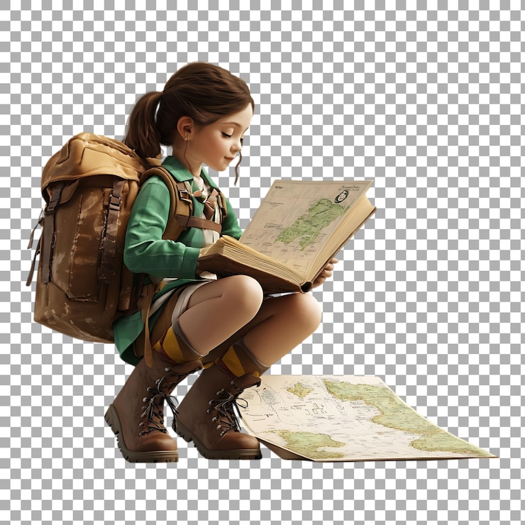 PSD png girl scout reading map against transparent background