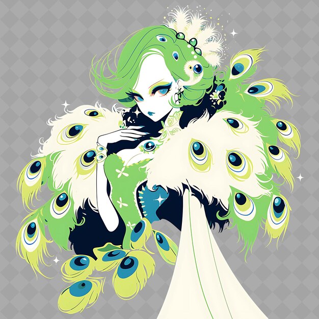 PSD png glamorous e kawaii anime peacock girl con un treno di piume creative chibi sticker collection