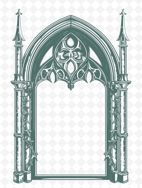 PSD png gothic arch frame art with gargoyle and stained glass decora illustration frame art decorative