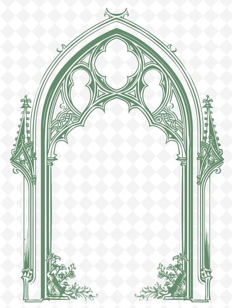 PSD png gothic arch frame art with gargoyle and stained glass decora illustration frame art decorative