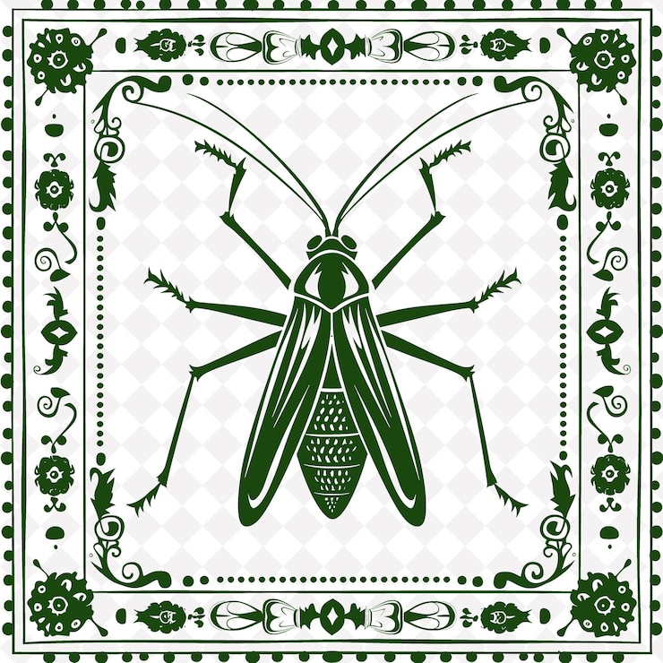 PSD png grasshopper folk art with legs and antennae for decorations illustration outline frame decor
