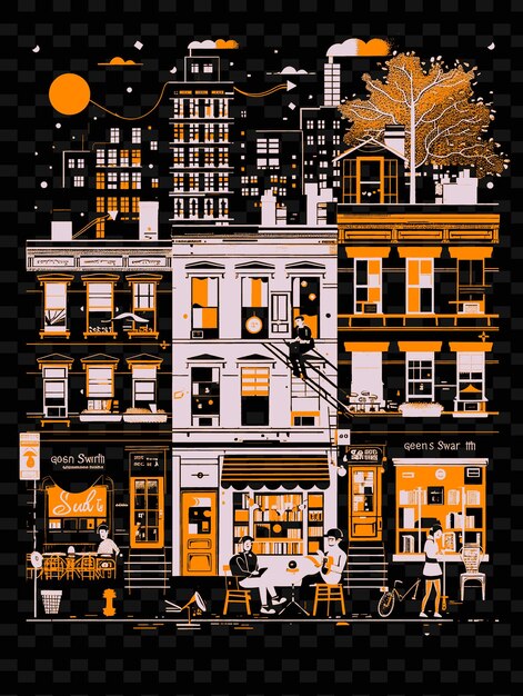 PSD png greenwich village met bohemian street scene en brownstone illustration citys scene art decor