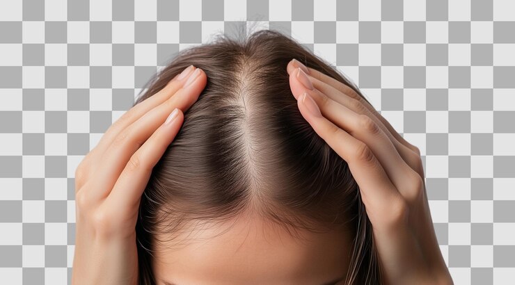 PSD png hair loss concept womans head with problem areas of baldness isolated on white background generated by generative ai technology