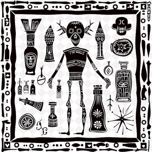 PSD png haitian folk art with voodoo flags and metal sculptures for traditional unique frame decorative