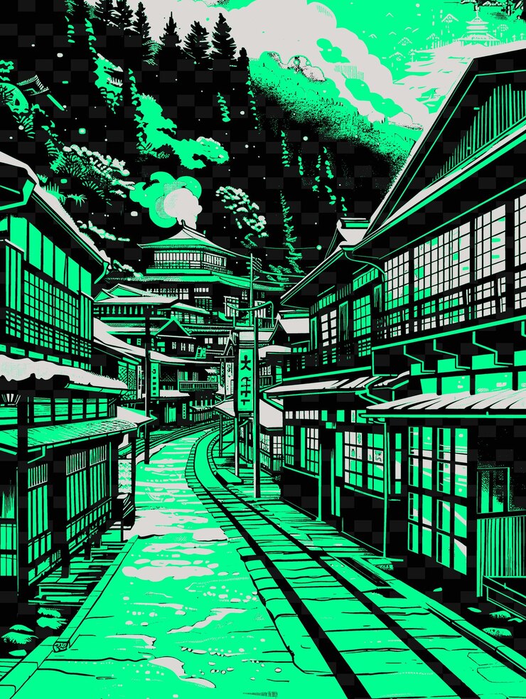 PSD png hakones onsen街与温泉街场景 ryokans yu插图城市场景艺术装饰
