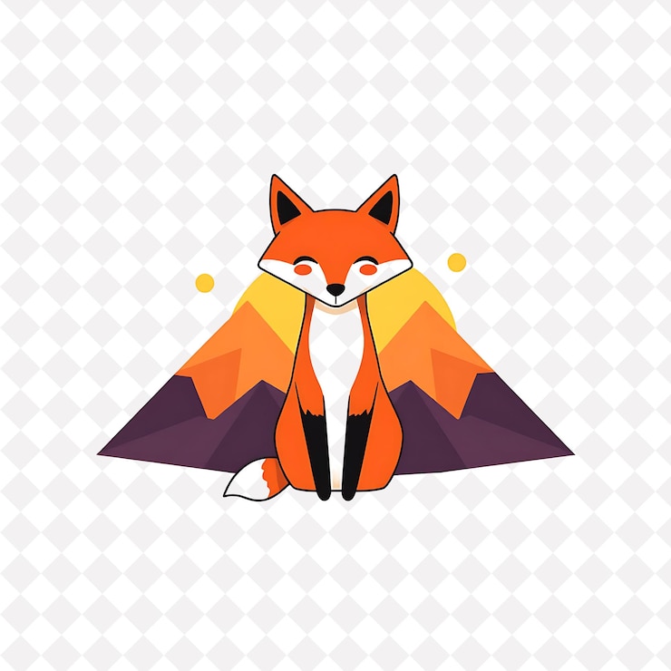 PSD png happy fox with triangle shapes arranged like a mountain range warm sunset cute animal design