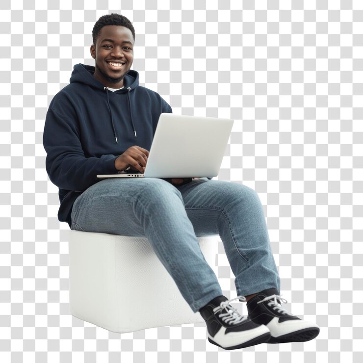 PSD png happy young it chubby african man laptop background clothing