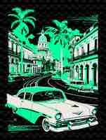 PSD png havana with vintage street scene and classic cars cigar fact illustration citys scene art decor