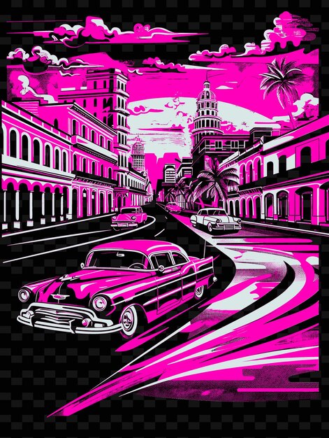 PSD png havana with vintage street scene and classic cars cigar fact illustration citys scene art decor