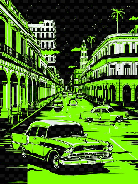 PSD png havana with vintage street scene and classic cars cigar fact illustration citys scene art decor