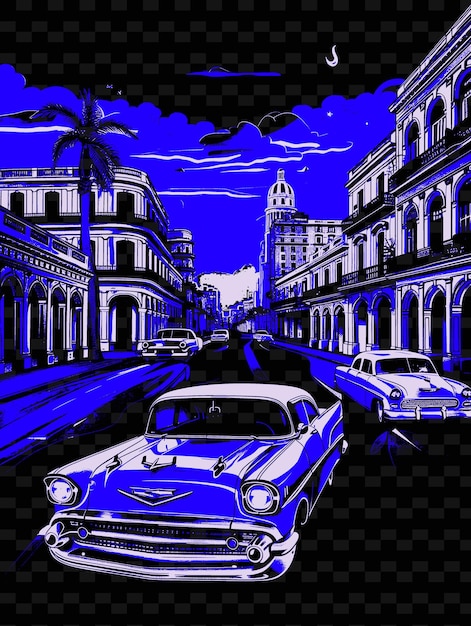 PSD png havana z vintage sceną uliczną i klasycznymi samochodami cigar fakt ilustracja scena miejska dekoracja artystyczna