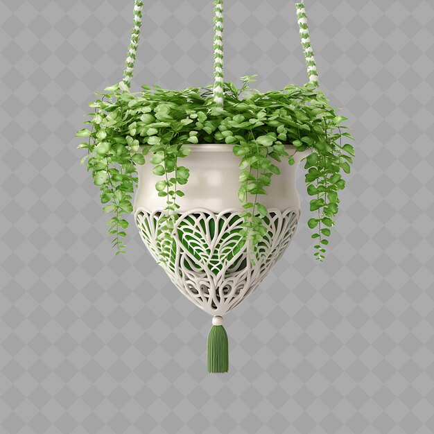 PSD png heart fern in vaso di ceramica appeso a macrame con colore gr albero interno su sfondo pulito