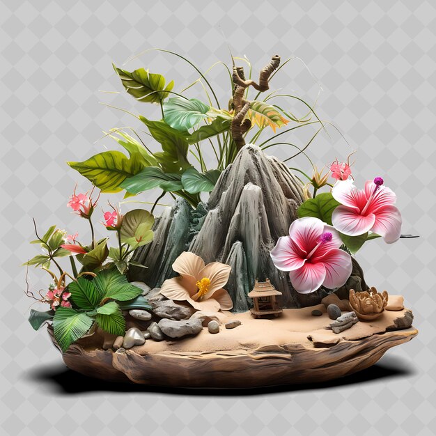 PSD png hibiscus bonsai bamboo pot foglie di palma paradiso tropicale trasparente diversi alberi decorazione