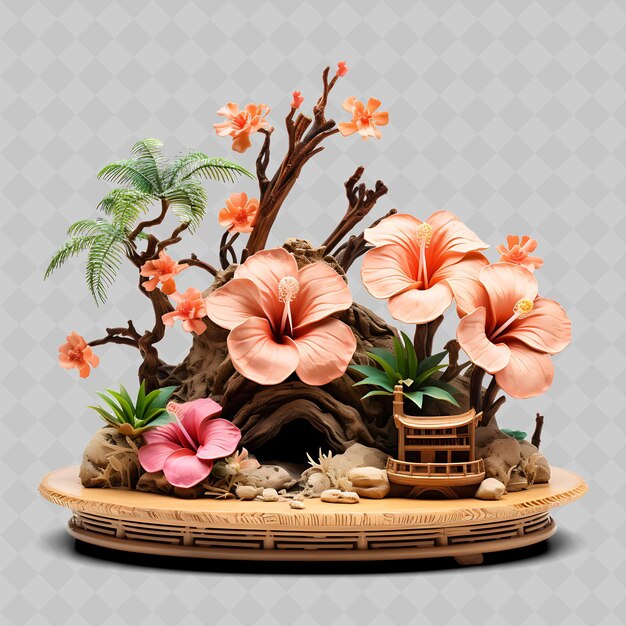 PSD png hibiscus bonsai bamboo pot palmate leaves tropical paradise transparent diverse trees decor