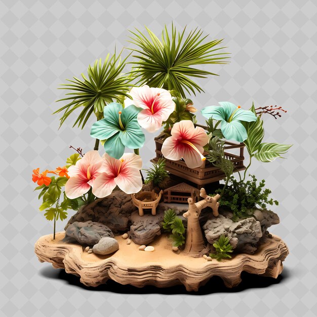 PSD png hibiscus bonsai bamboo pot palmblaadjes tropisch paradijs transparante diverse bomen decor