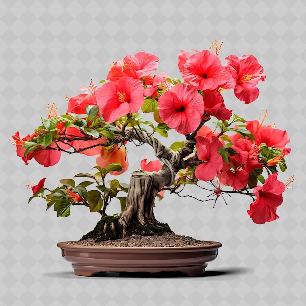 PSD png hibiscus bonsai tree clay pot serrated leaves tropical conce transparent diverse trees decor