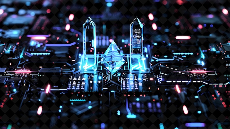 PSD png holographic circuit frame encompassing kyber network with bi y2k neon shape on dark background