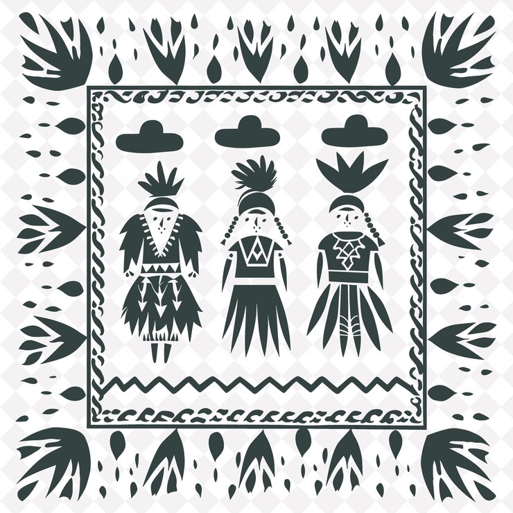 PSD png hopi tribal stamp with katsina dolls and rain clouds for dec traditional unique frame decorative