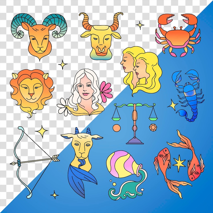 PSD png horoscoop tekens kleurrijke collage element set transparante achtergrond