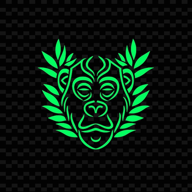 PSD png howler monkey face with snake plant leaves and minimalist de outline animal and tropical leave