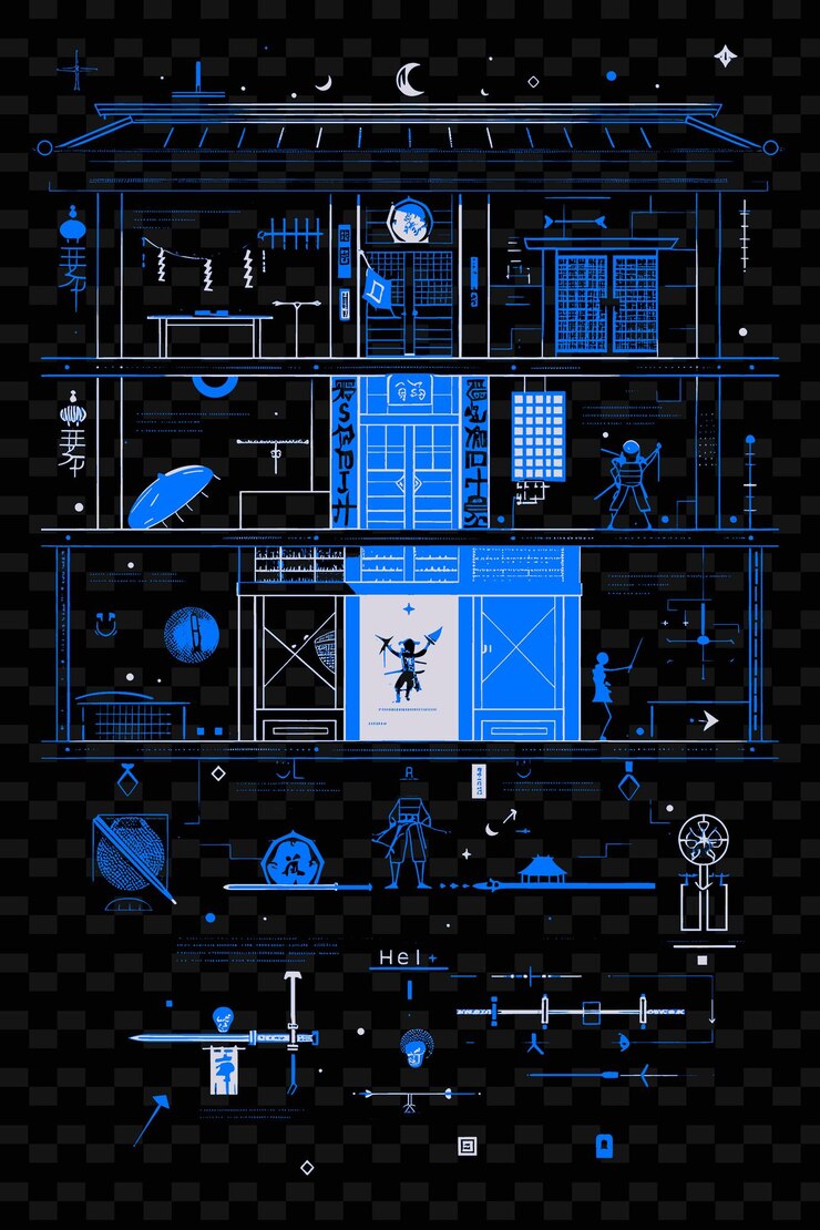 PSD png igas ninja museum with stealthy street scene ninja tools sec illustration citys scene art decor