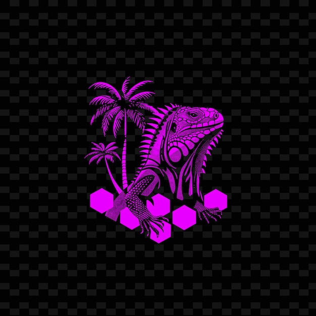 PSD png iguana scales with coconut tree figures and minimalist desig outline animal and tropical leave