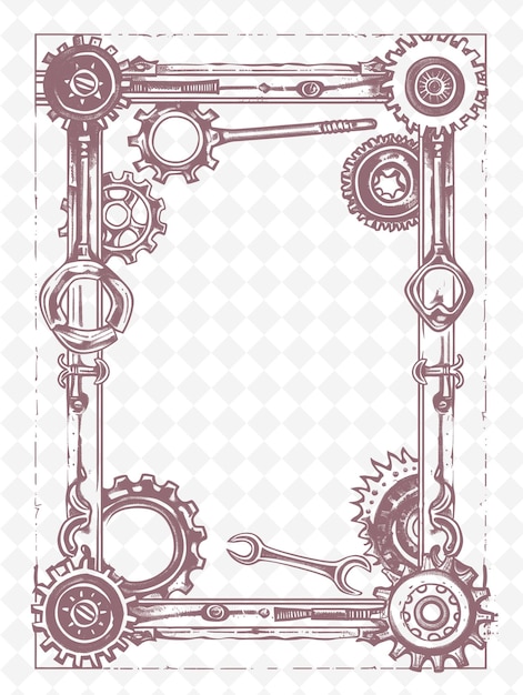 PSD png industrial frame art with wrench and gear decorations border illustration frame art decorative (sztuka ramki przemysłowej z kluczem i sprzętem)