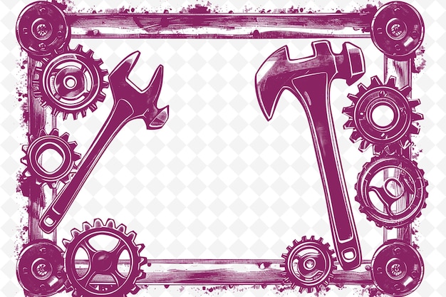 PSD png industrial frame art with wrench and hammer decorations bord illustration frame art decorative