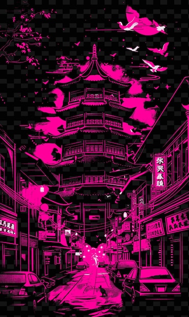PSD png jakartas chinatown z kulturalną sceną uliczną świątynie ilustracje ziołowe miasta scena dekoracja artystyczna