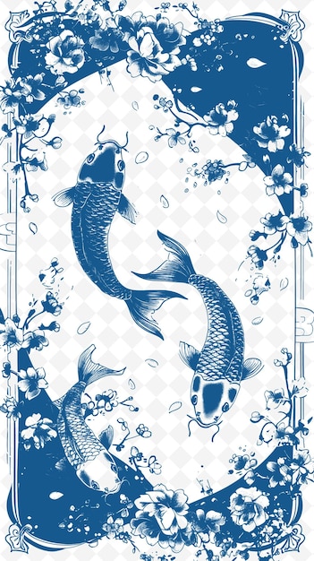 PSD png 일본 프레임 아트 코이 물고기와 체리 꽃 장식 일러스트레이션 프레임 예술 장식