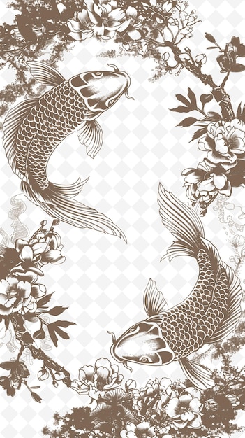 PSD png japanese frame art con koi fish e cherry blossom decorati illustrazione frame art decorative