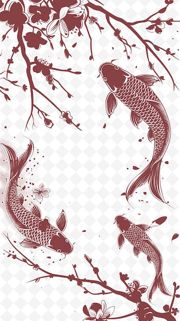 PSD png japanese frame art con koi fish e cherry blossom decorati illustrazione frame art decorative