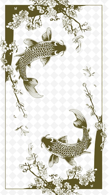 PSD png japanse frame art met koi fish en cherry blossom decorati illustratie frame art decorative