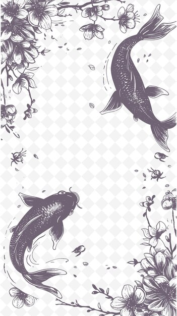 PSD png japanse frame art met koi fish en cherry blossom decorati illustratie frame art decorative