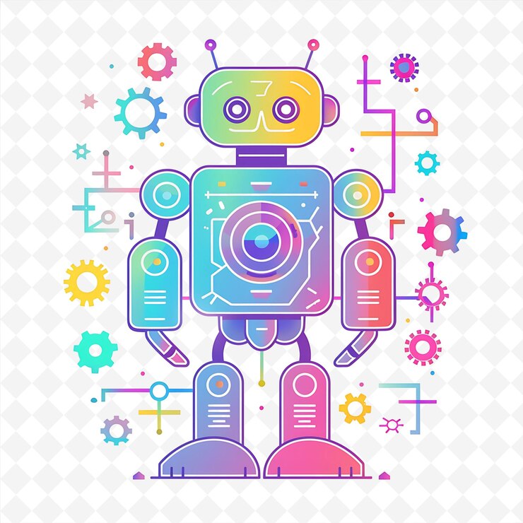 PSD png jolly robot with gear shapes sprinkled around appealing meta flat illustration cute character