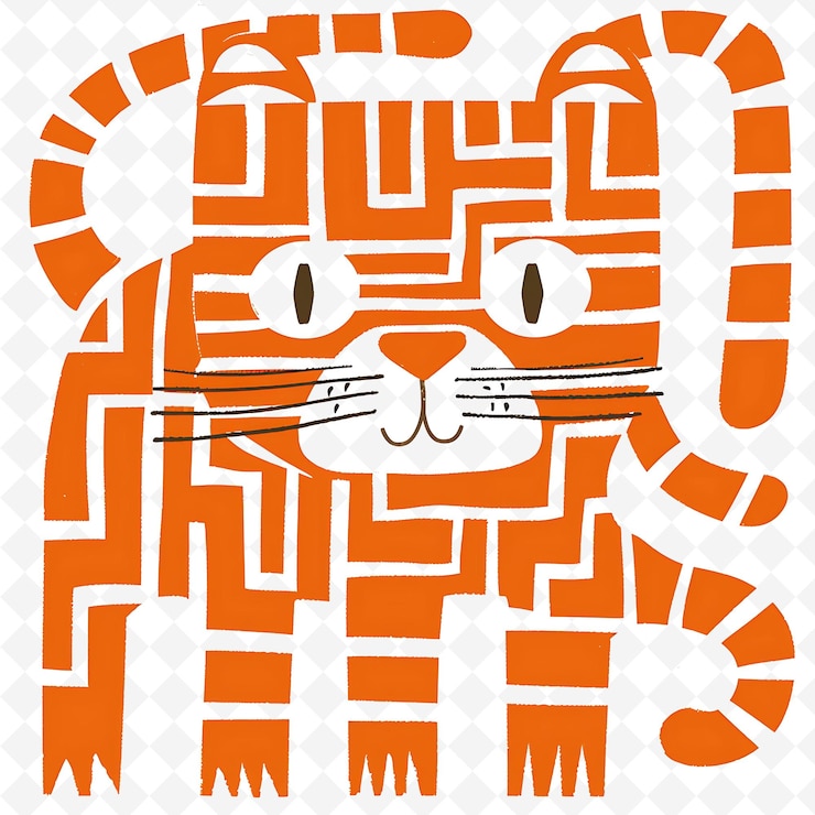 PSD png jolly tiger z paskowymi kształtami ułożonymi jak labirynt odważna i płaska ilustracja słodka postać