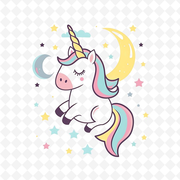 PSD png jolly unicorn met halve maan vormen verspreid als een conste plat illustratie leuk personage