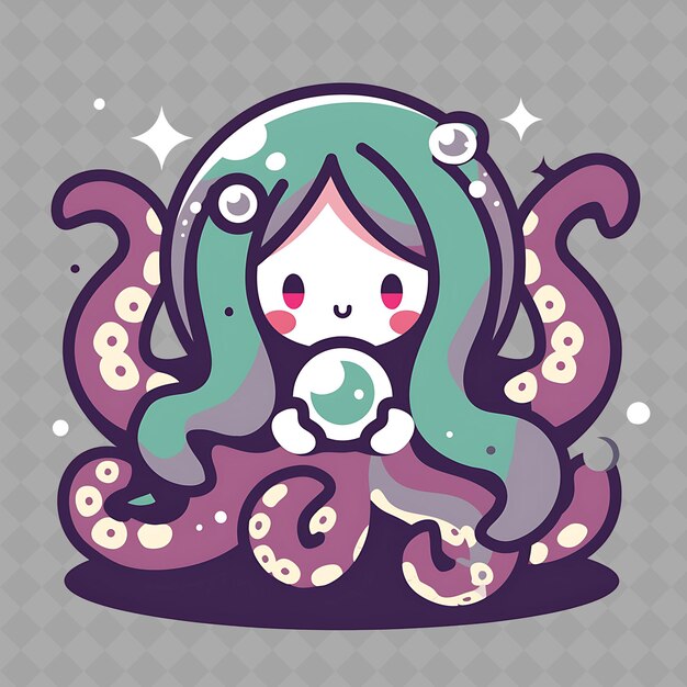 PSD png joyful and kawaii anime octopus girl with octopus tentacles kreatywna kolekcja naklejek chibi