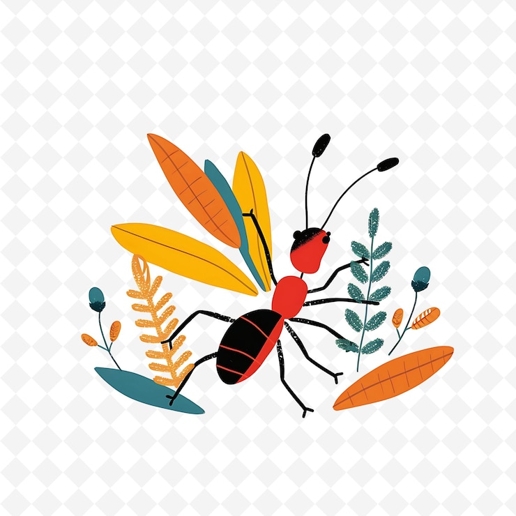 PSD png joyful ant with leaf shapes scattered like a trail hardworki flat illustration cute character