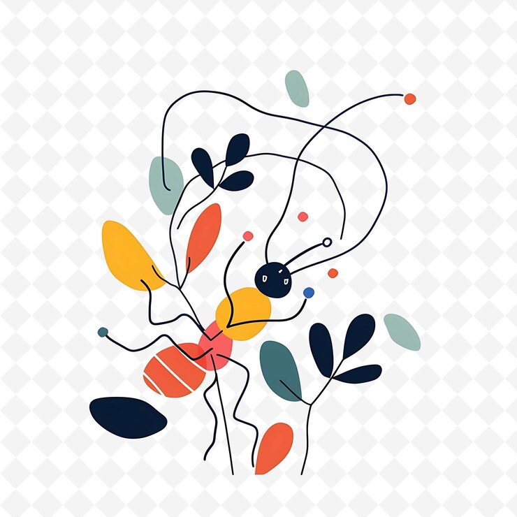 PSD png joyful ant with leaf shapes scattered like a trail hardworki flat illustration cute character
