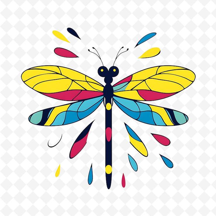 PSD png joyful dragonfly with wing shapes scattered like a pond magi flat illustration cute character