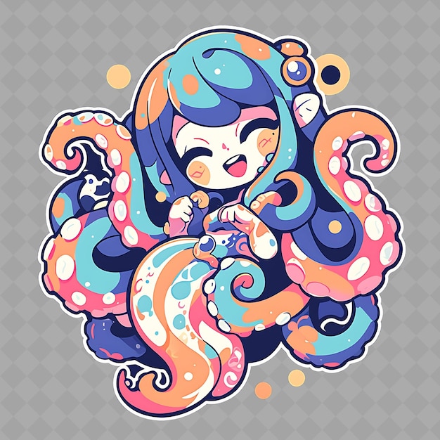 PSD png joyful and kawaii anime octopus girl with octopus tentacles creative chibi sticker collection