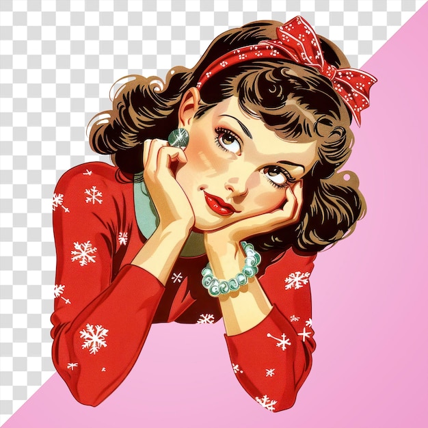 PNG Kerstmis een meisje rusten kin op handen kunst illustratie kerstmis
