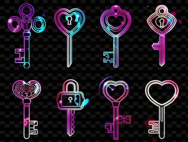 PSD png key shaped decal with motifs of keys and with radiant lock creative neon y2k shape decoratived