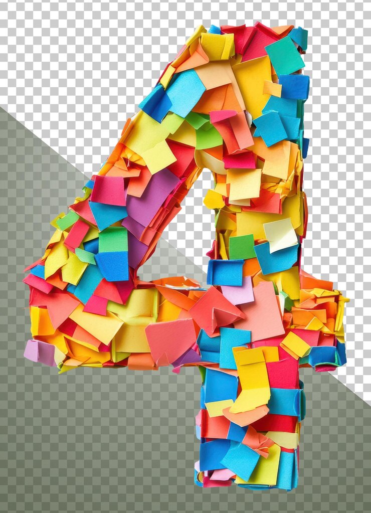 PSD png kolorowy papierowy kolaż numeru cztery