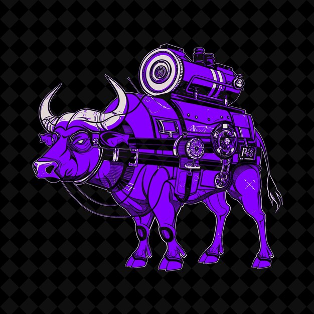 PSD png krachtige buffel met een stoommotor op zijn rug wea outline vector of animal mascot