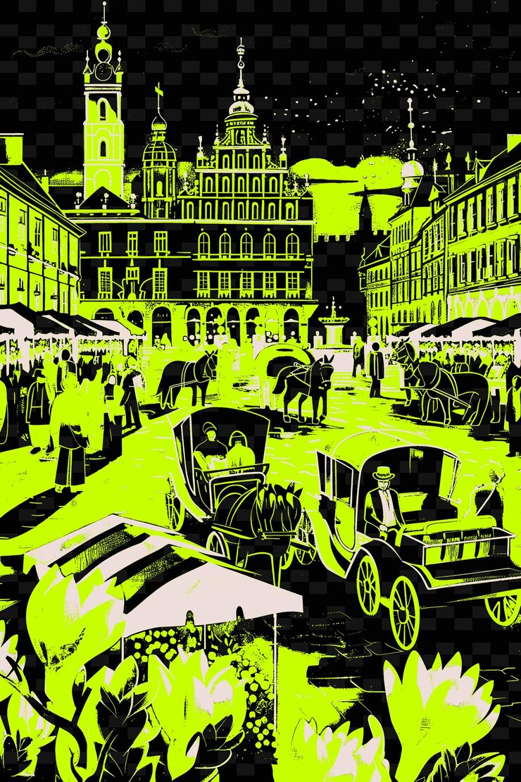PSD png krakowski główny rynek plac z historyczną sceną ulicową ilustracja tkanina decor sztuki sceny miasta