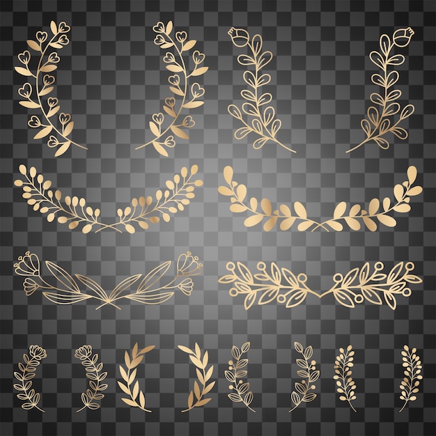 Png krans waterverf bloemen ornament goud luxe stijl set