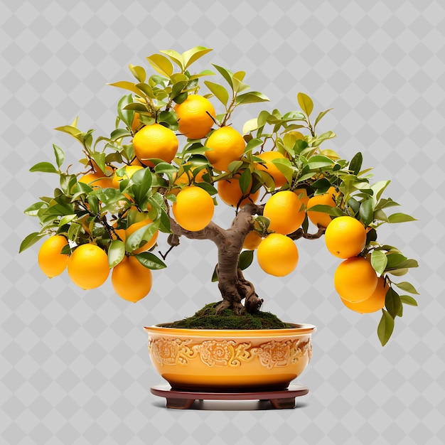 PSD png lemon bonsai tree terracotta pot glossy leaves citrus concep transparent diverse trees decor