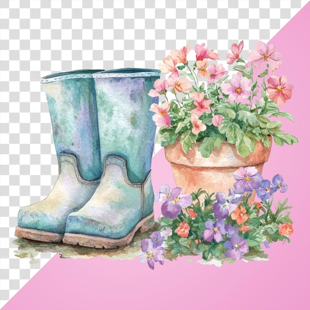 PNG Lente vintage tuinboten bloemen kunst illustratie